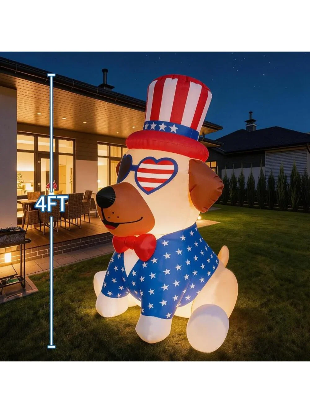 4FT Inflatable Patriotic Pug Decoration with LED Lights for 4th of July Yard